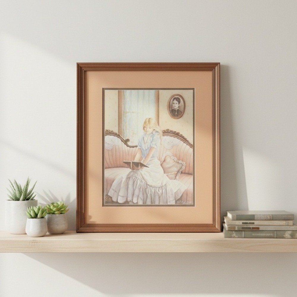 1984 Vintage Coquette Framed Art Girl Reading‎ Victorian Style Home Decor 1984
